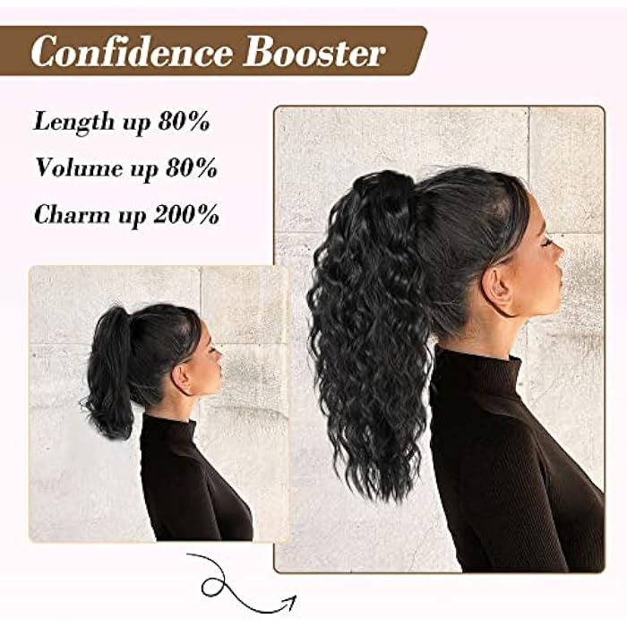 REECHO 18 Inch Claw Multi Layered Clip on Ponytail Extension for Women - Long Curly Wavy Hair Extensions, Natural Fluffy Synthetic Clip in Hairpiece for Daily Use - Black Brown - Image 4